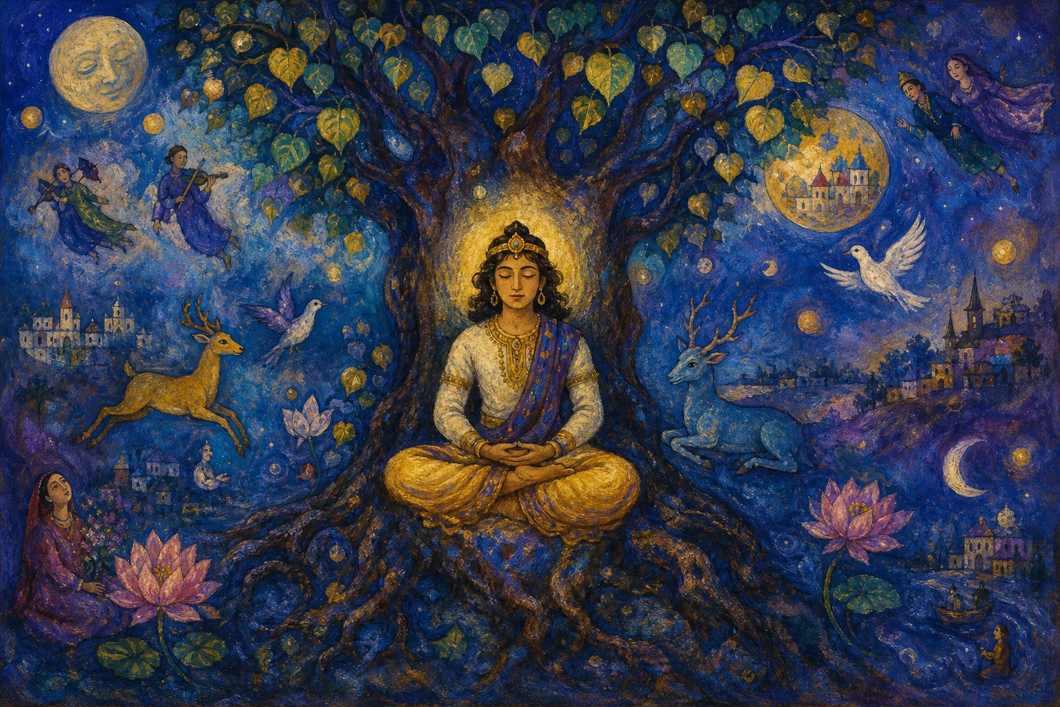 Hero image for Siddhartha travelled near and far to find the solution. Finally he sat down under a Bodhi tree to meditate. 
